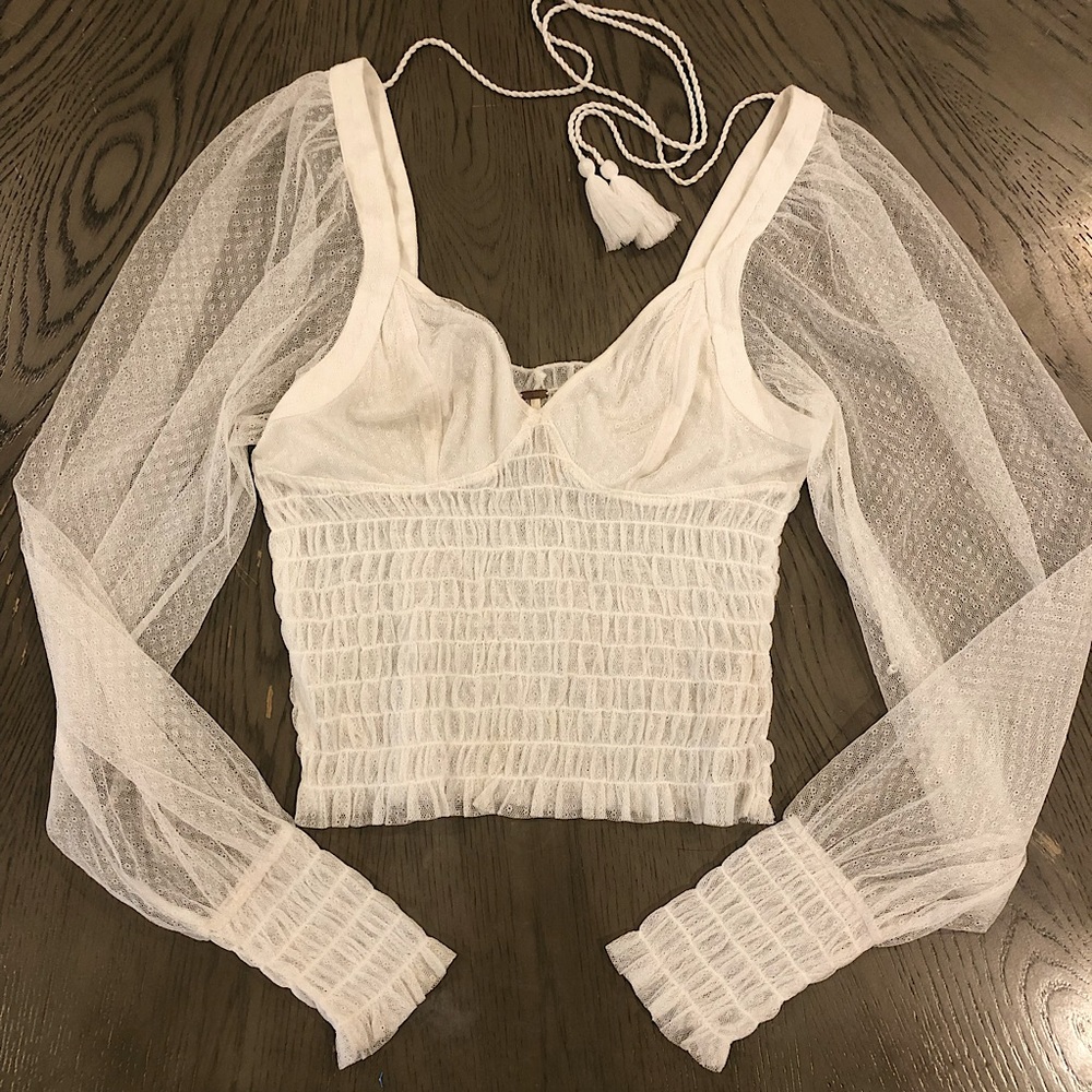 FREE PEOPLE White Lace Smoked Bustier Top Long Sleeve Sheer Swiss Dot Blouse